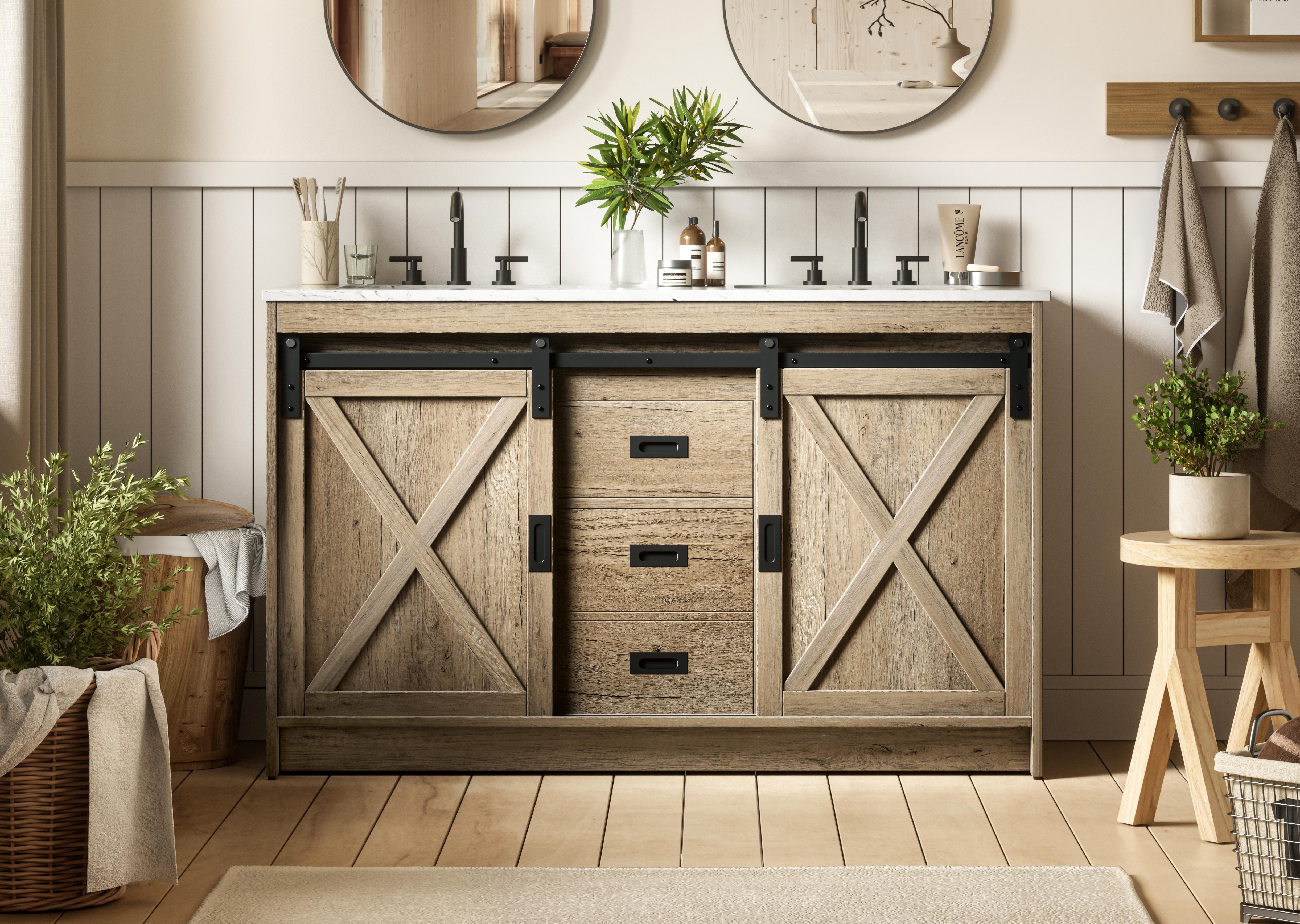 Modern Fitting 54 inch Double Bathroom Vanity in Natural Oak