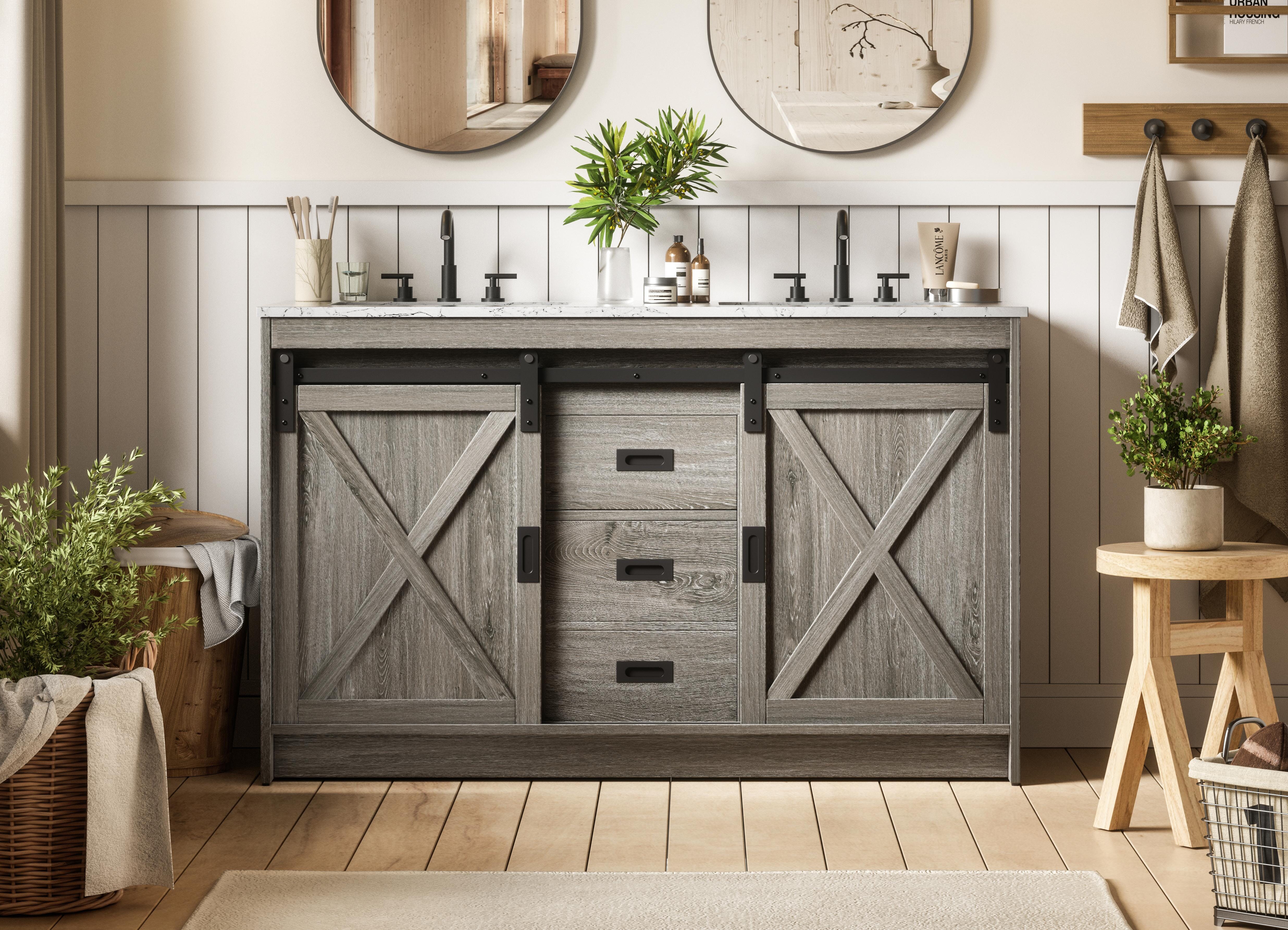Modern Fitting 54 inch Double Bathroom Vanity in Rustic Grey