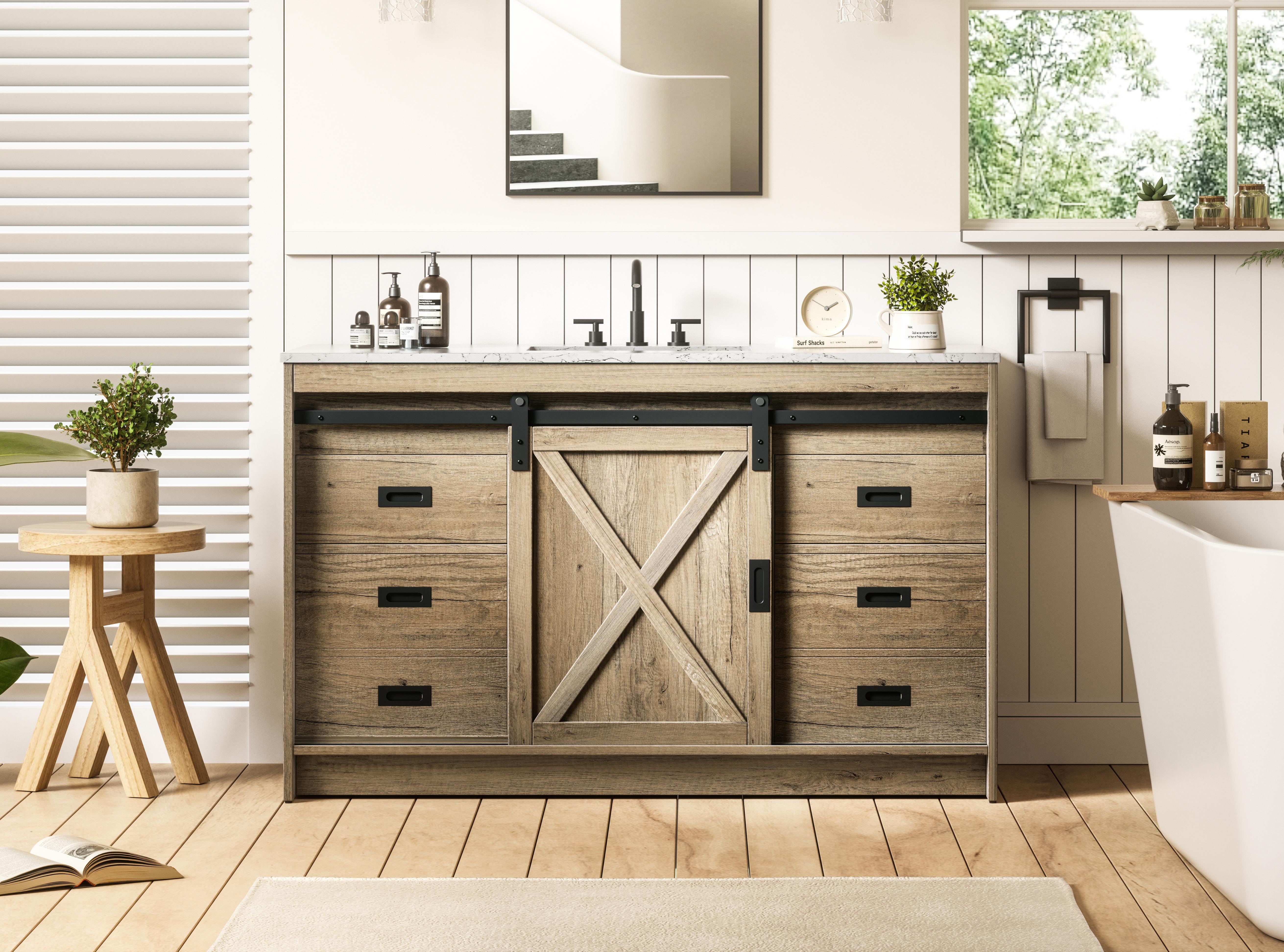 Modern Fitting 54 inch Single Bathroom Vanity in Natural Oak