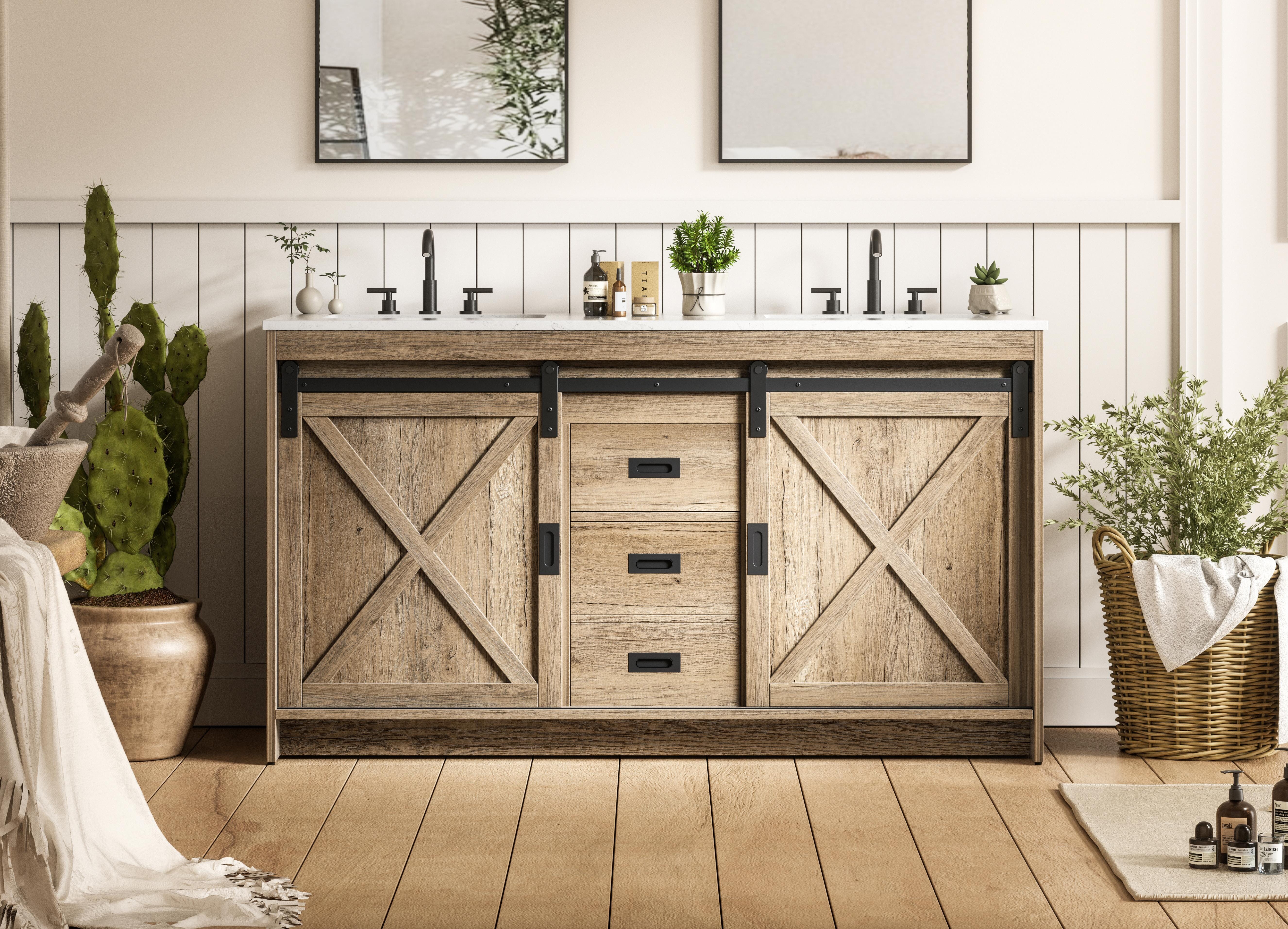 Modern Fitting 60 inch Double Bathroom Vanity in Natural Oak