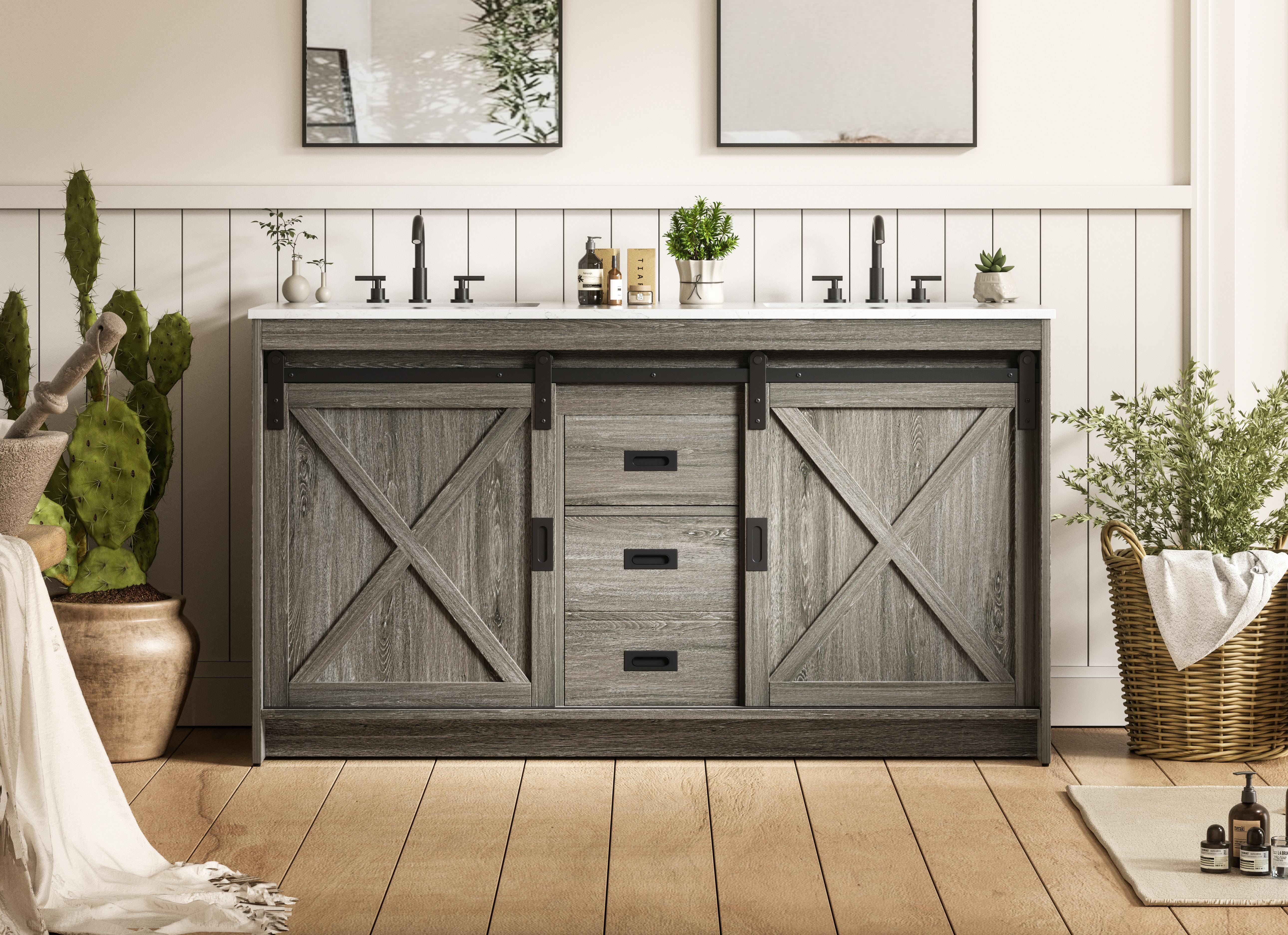 Modern Fitting 60 inch Double Bathroom Vanity in Rustic Grey
