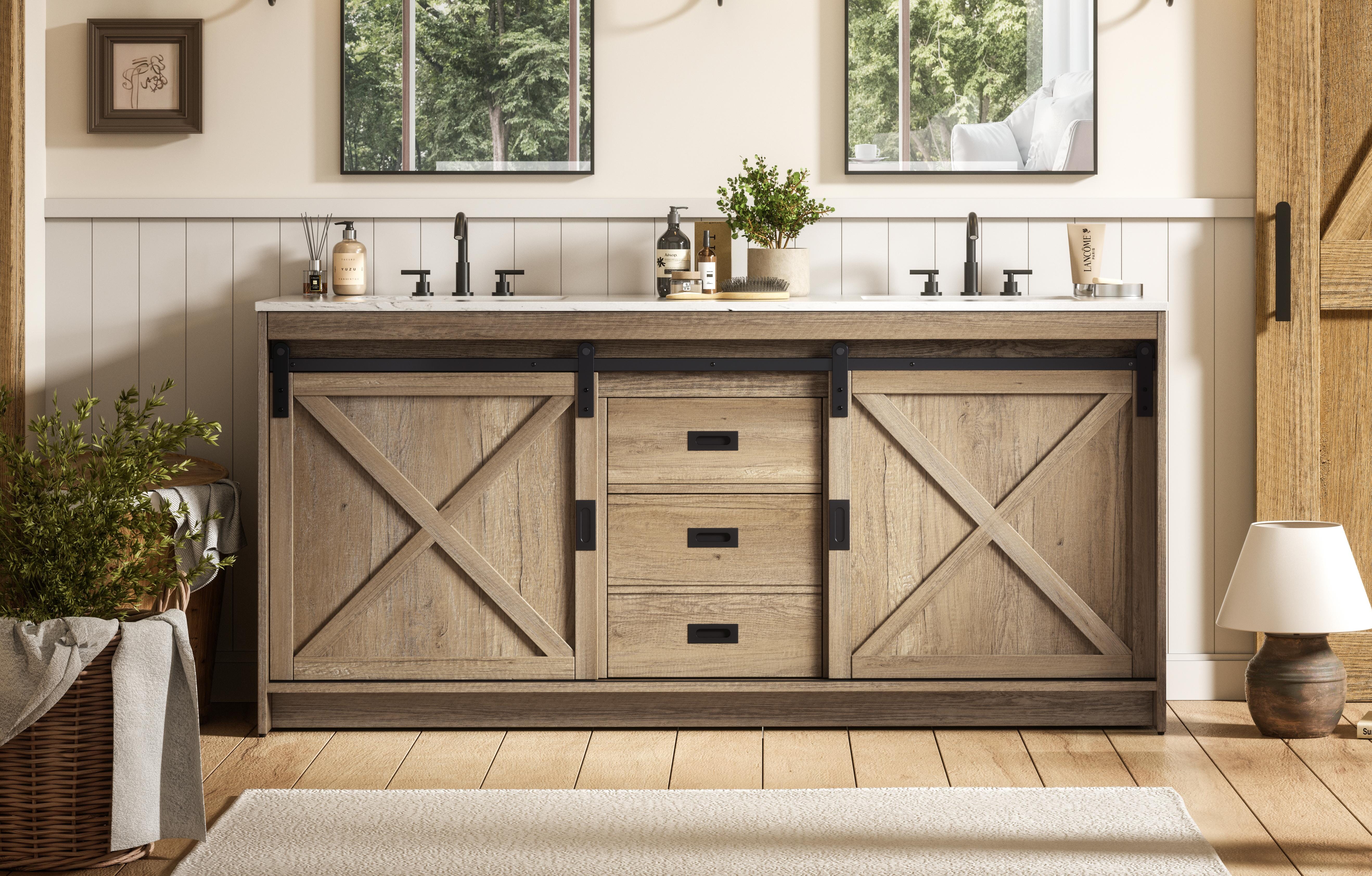 Modern Fitting 72 inch Double Bathroom Vanity in Natural Oak